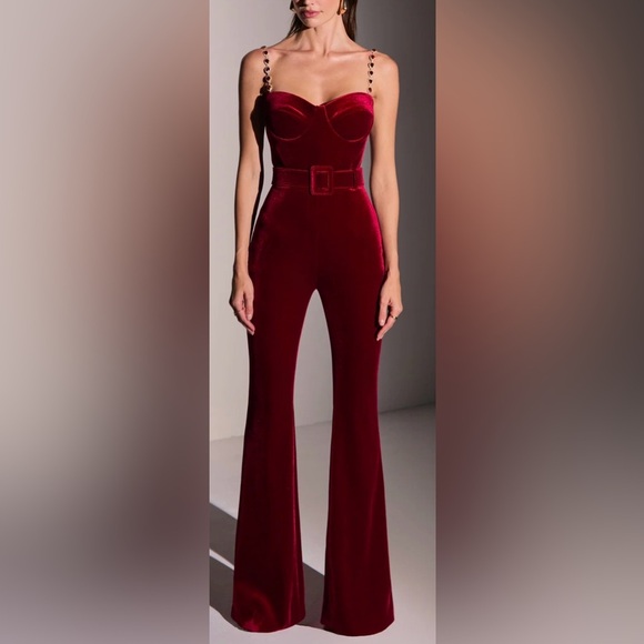 Nadine Merabi Pants - NEW Nadine Merabi Harley Red Velvet Jumpsuit Large Sz 14 $575